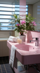 Fototapeta na wymiar a bathroom in a hotel full pink wall bright 