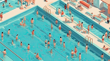 Swimming pool isometric composition with people swimming in water