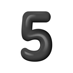 Fototapeta premium 3D black number 5. Black realistic plastic number with highlights.