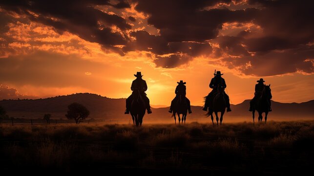 Silhouette of a few cowboys riding a horses during sunset.