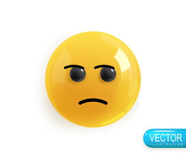 Emoji face sad and frowning. Realistic 3d Icon. Render of yellow glossy color emoji in plastic cartoon style isolated on white background. Vector illustration