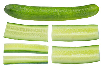 Long cucumber isolated on white background. Long greenhouse cucumber cut into slices and strips on a white background. Set of different parts of cucumber.