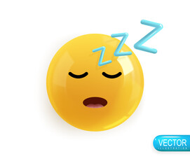 Emoji face sleeping. Realistic 3d Icon. Render of yellow glossy color emoji in plastic cartoon style isolated on white background. Vector illustration