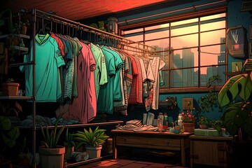 Colorful Illustration of the clothes hanging on a pole. Generative Ai.