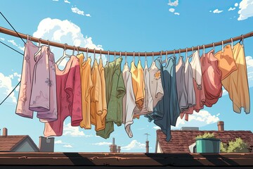 Colorful Illustration of clothes are dried on the clothesline. Sky with clouds background. Generative Ai.