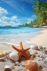 Fototapeta na wymiar Tropical beach with sea-star in sand, copyspace for text. Concept of summer relaxation