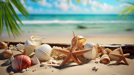 Tropical beach with sea-star in sand, copyspace for text. Concept of summer relaxation