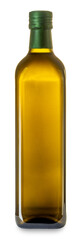Extra virgin olive oil in green glass bottle isolated