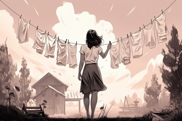  Illustration of the girl hangs the laundry on the clothesline. Summer time. Generative Ai.