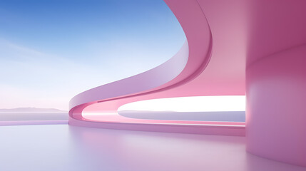 3d rendering and illustration and cruved wall, architecture, white, pink, blue sky, modern, trendy, new