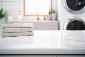 Empty white marble table inside a white bathroom with several white towels. Blurry background with a washing machine.