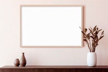 Mockup of an empty horizontal frame in a modern minimalist interior with a trendy plant in a vase against a beige wall background.