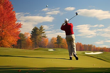 Senior americain Male Golfer Driving in Fall. Photo generative AI