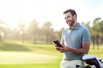 Golfer smiling, phone in hand, near bag of clubs. Photo generative AI