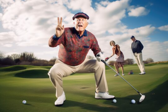 Senior golfer's portrait taking a swing. Photo generative AI