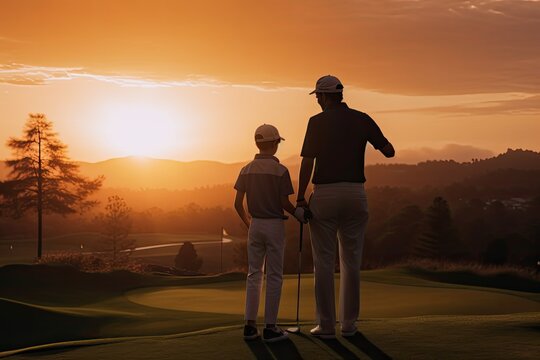 Father and son golfers gazing at sunset. Photo generative AI