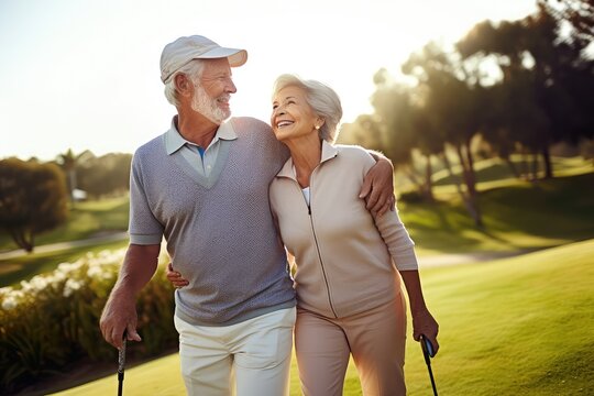 Senior Couple Golfing, Smiling Joyfully. Photo generative AI