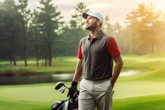 Adult golfer leisurely standing on course, gazing towards goal. Photo generative AI
