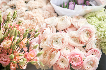 Many different colors. Showcase. Background of mix of flowers. Beautiful flowers for catalog or online store. Floral shop and delivery concept. Top view