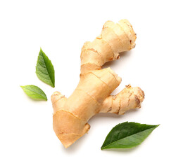 Fresh ginger root and leaves on white background