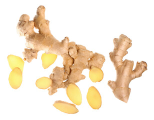 Fototapeta premium Flying fresh ginger roots on white background