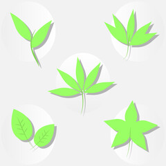 Green leaves icon set isolated on grey background. Simple leaves of trees and plants. For eco and bio logos. Flat vector illustration