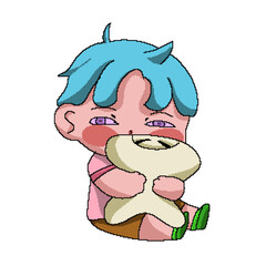 cartoon boy holding a tooth doll