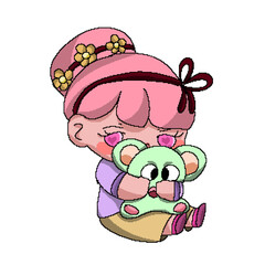 girl hugging a green doll