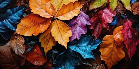 AI Generated. AI Generative. Bright colors autumn leaves background decoration. Graphic mockup nature outdoor pattern texture view from above top