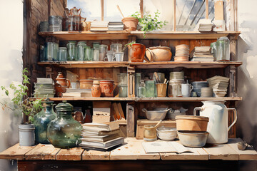 ceramic shop owner taking inventory or room for kreativ working in watercolor painting design