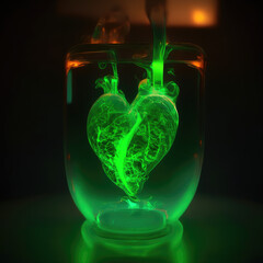 The heart-shaped glass of water has liquid inside the glass, and the heart is immersed inside it.