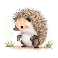 Porcupine illustration in doodle style. Cape porcupine drawn in a flat style. Isolated object on a white background. Hedgehog with a blush. Cute animal. Children's illustration