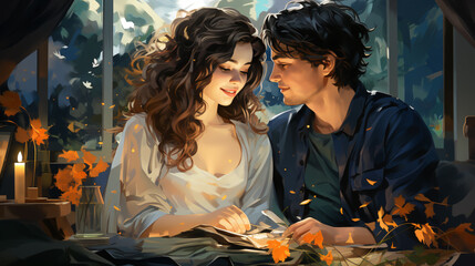 Fototapeta couple at a date in watercolor design painting obraz