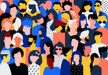 Flat illustration of a inclusive and diversified crowd all standing together without any difference