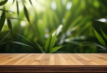 Wooden table on bamboo plant background realistic image ultra hd high design very detailed