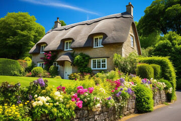 Fototapeta na wymiar Traditional English thatched cottage, reflecting the quintessential charm of the British countryside