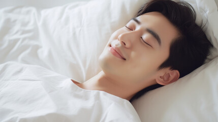 Obraz na płótnie Canvas Asian man 20 yo in a white clothes laying down on white bed with white blanket, happily sleeping