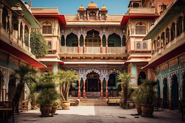 Fototapeta na wymiar View of an Indian haveli a grand mansion house with intricate carved wooden facades and courtyard showcasing the rich architectural heritage of India.