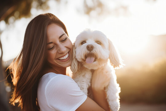 Outdoor lifestyle photography with woman wearing blank white T-shirt holding a cute white dog with soft light