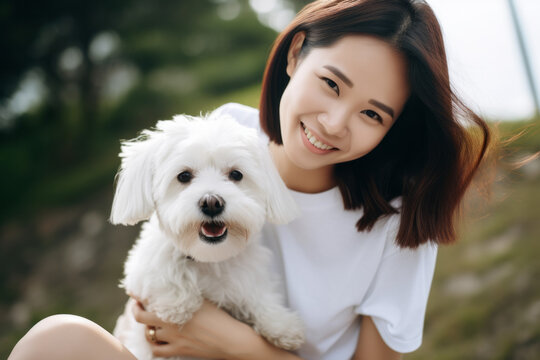 Outdoor Lifestyle Photography With Woman Wearing Blank White T-shirt Holding A Cute White Dog With Soft Light