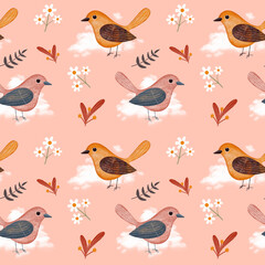 pattern design. Birds with cloud, floral and leaves elements seamless pattern. Hand drawn design. Suitable for home decor, home living, wall art, digital print, cover book.