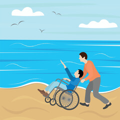 Naklejka premium Two people on the sea coast, one of them in a wheelchair, in motion
