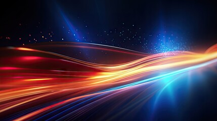 Abstract futuristic background with gold red blue glowing neon moving high speed wave lines and bokeh lights.