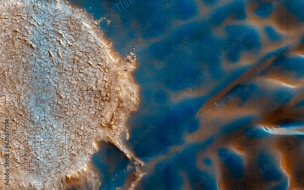 Poster planet mars exploration. giant ripples on the soil of the exoplanet. digital enhancement of an image