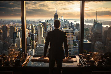Fototapeta na wymiar a businessman looks up at the skyscrapers of the metropolis. generative AI tools