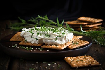 Crispy crackers with cream cheese and herbs.