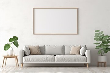 Blank horizontal poster frame mock up in minimal white style living room interior, modern living room and plants interior background.