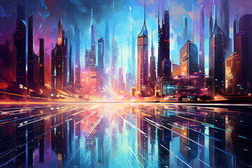 abstract futuristic cityscape in blue painted background made with generative ai