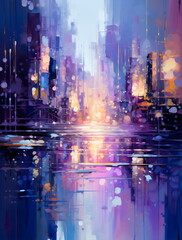 abstract futuristic cityscape in purple painted background made with generative ai