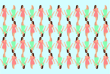 Graphic wallpaper k with a repeating vector illustration of a girl in a short dress in green and pink colors on a blue background